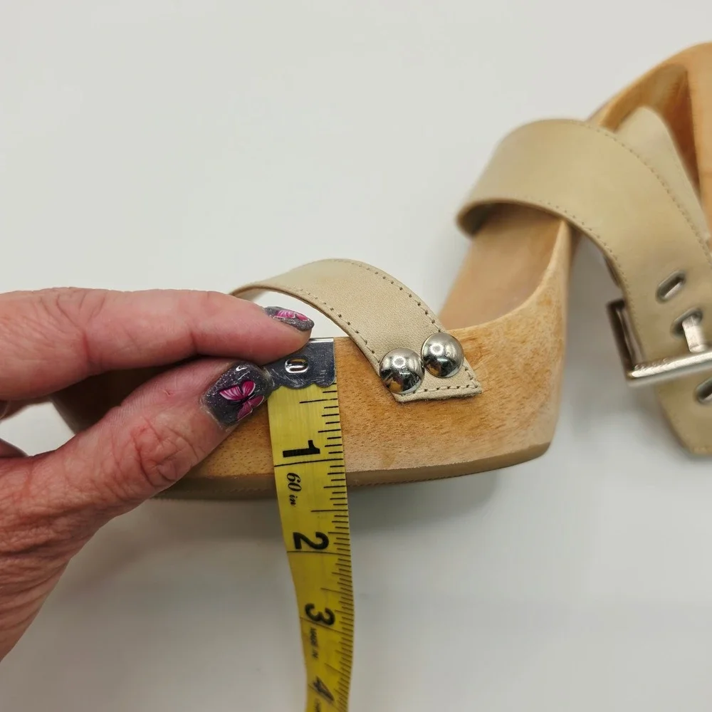 Steve Madden Staci Platform Sandals Womens 10B Beige Wood Leather Buckle Slides